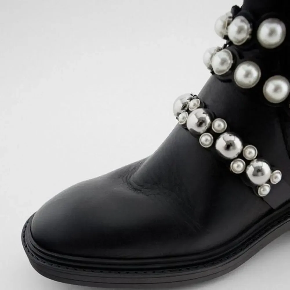 ZARA lug sole FLATFORM LEATHER ANKLE BOOTS WITH FAUX PEARL STRAPS size 39 8 new!